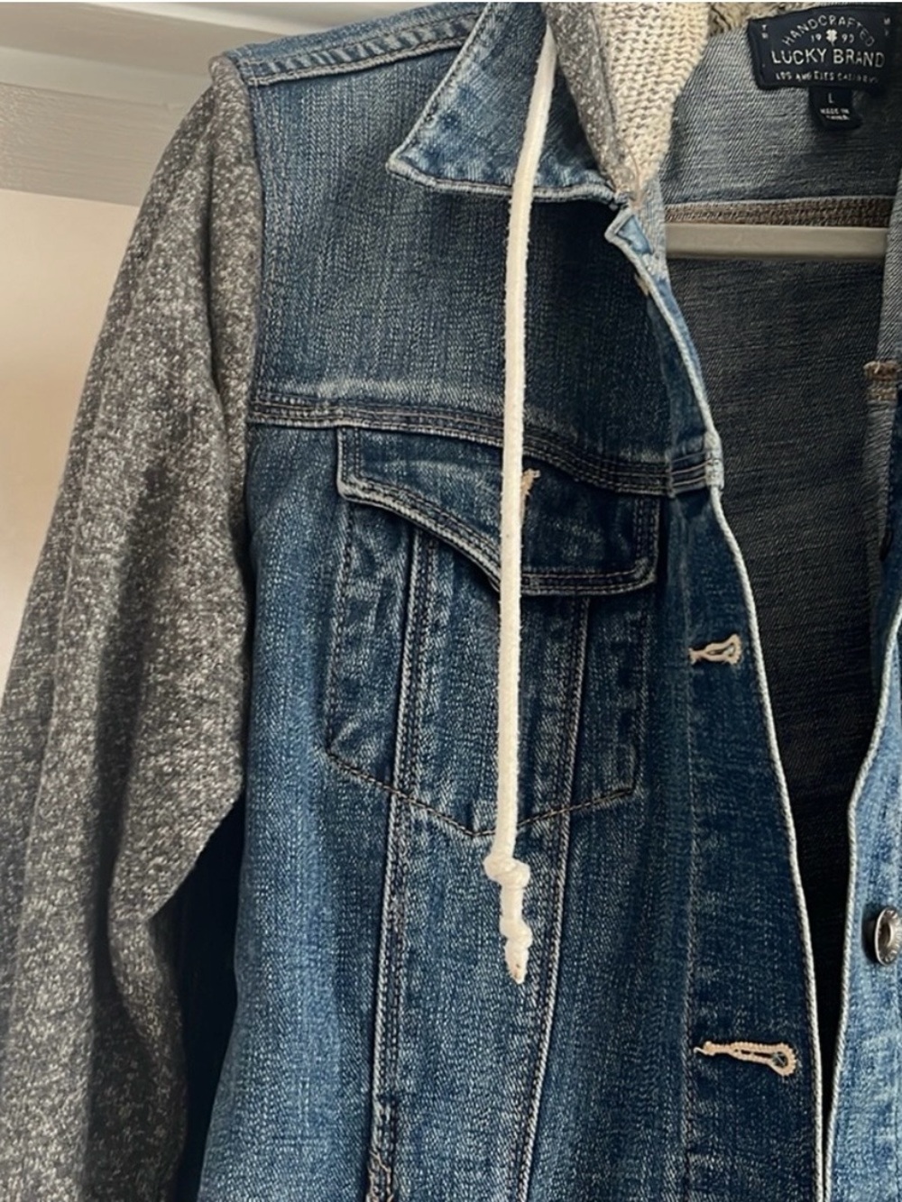 Lucky Brand Blue Denim Jacket with Gray Knit Hood & Sleeves - Picture 2 of 4
